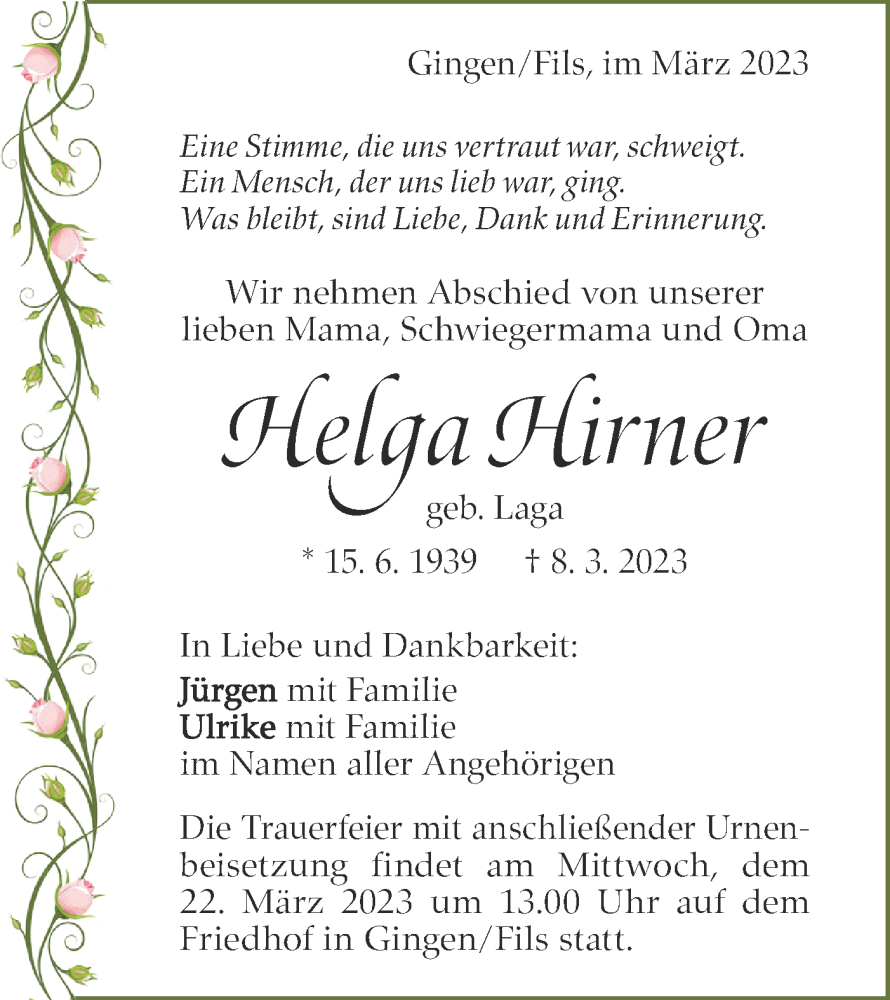  Traueranzeige für Helga Hirner vom 16.03.2023 aus Geislinger Zeitung
