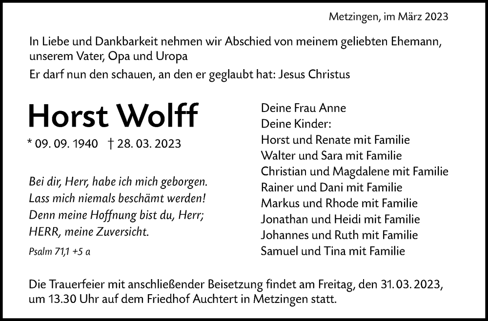  Traueranzeige für Horst Wolff vom 30.03.2023 aus Metzinger-Uracher Volksblatt