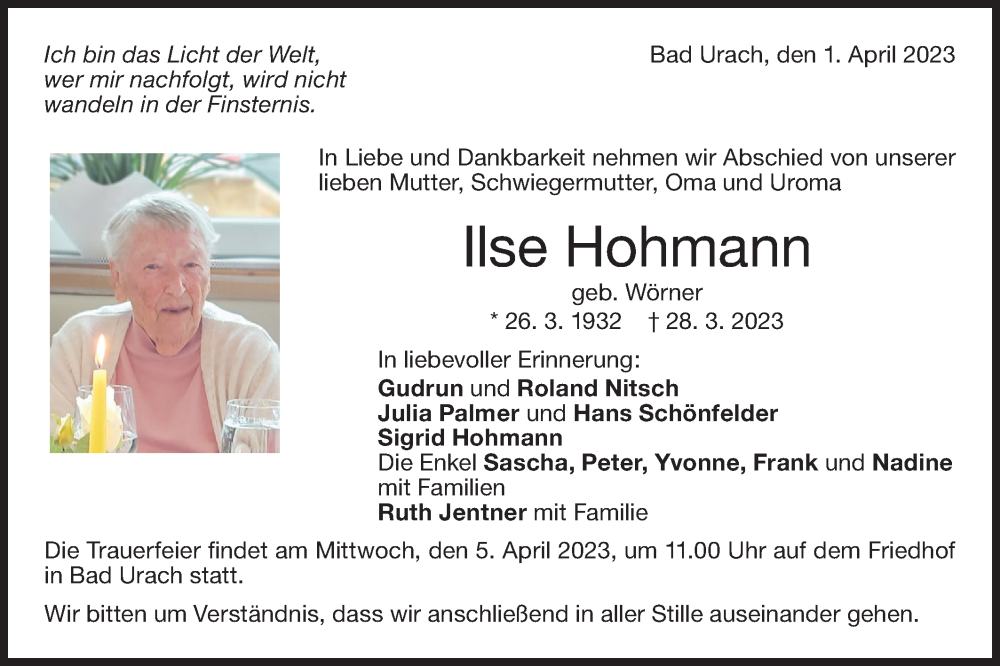  Traueranzeige für Ilse Hohmann vom 01.04.2023 aus Metzinger-Uracher Volksblatt