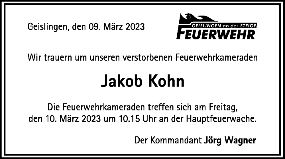  Traueranzeige für Jakob Kohn vom 09.03.2023 aus Geislinger Zeitung