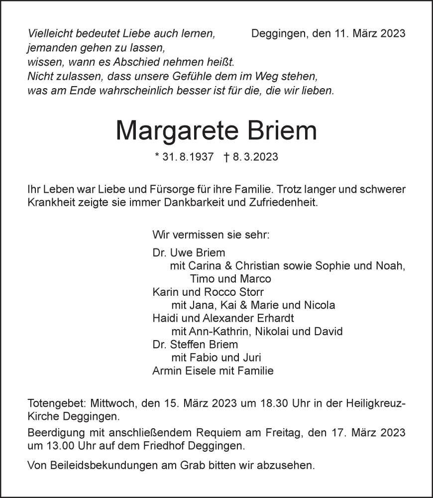 Traueranzeige für Margarete Briem vom 11.03.2023 aus NWZ Neue Württembergische Zeitung/Geislinger Zeitung