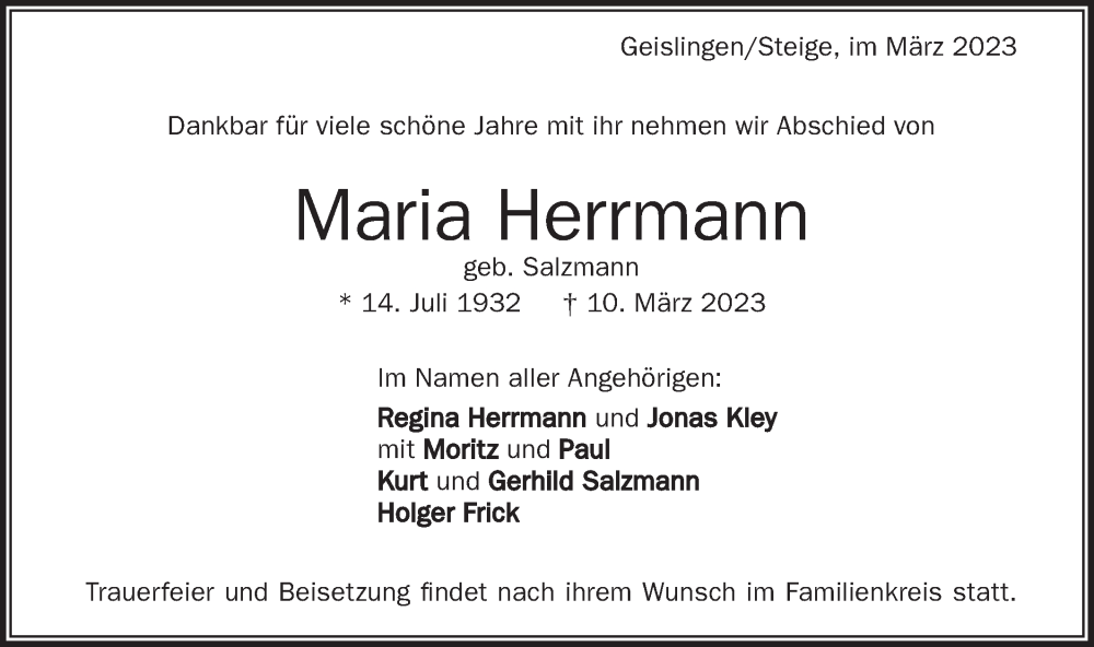  Traueranzeige für Maria Herrmann vom 18.03.2023 aus Geislinger Zeitung