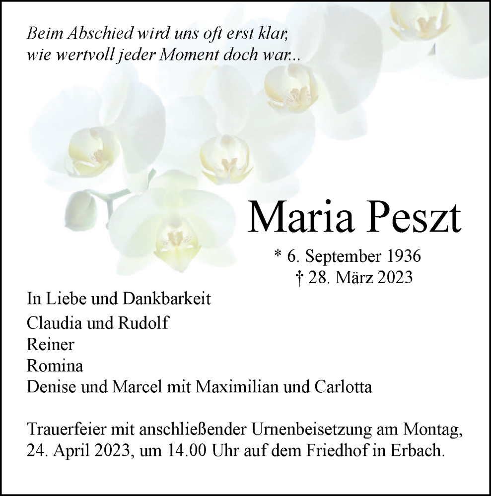  Traueranzeige für Maria Peszt vom 01.04.2023 aus SÜDWEST PRESSE Ausgabe Ulm/Neu-Ulm