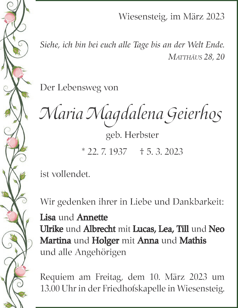  Traueranzeige für Maria Magdalena Geierhos vom 08.03.2023 aus Geislinger Zeitung