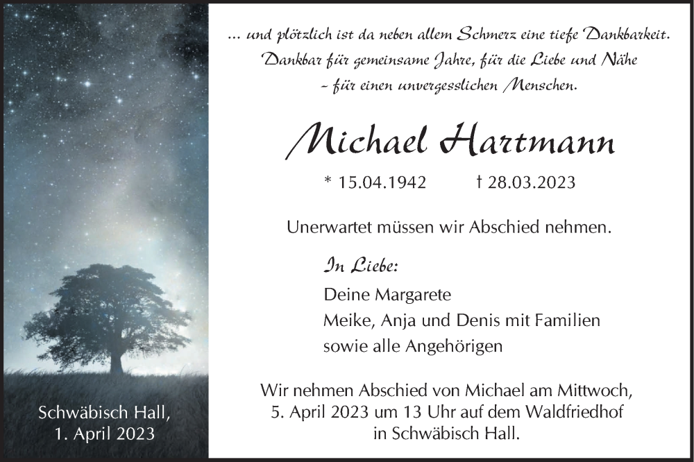  Traueranzeige für Michael Hartmann vom 01.04.2023 aus Haller Tagblatt