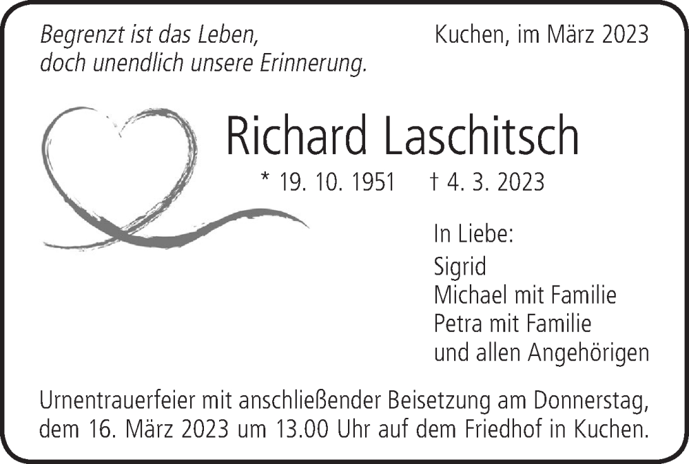  Traueranzeige für Richard Laschitsch vom 11.03.2023 aus Geislinger Zeitung
