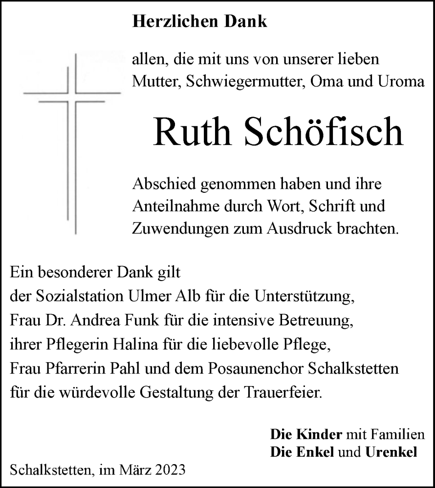  Traueranzeige für Ruth Schöfisch vom 18.03.2023 aus Geislinger Zeitung