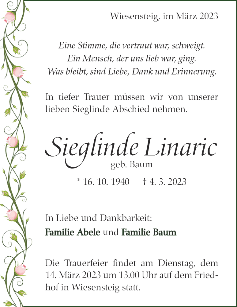  Traueranzeige für Sieglinde Linaric vom 11.03.2023 aus Geislinger Zeitung