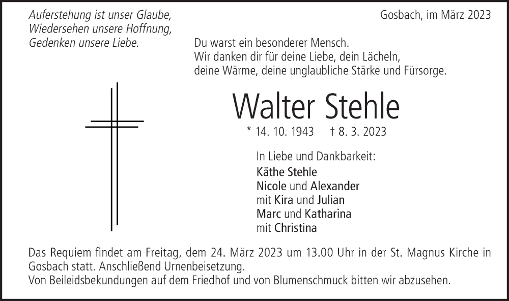  Traueranzeige für Walter Stehle vom 18.03.2023 aus Geislinger Zeitung