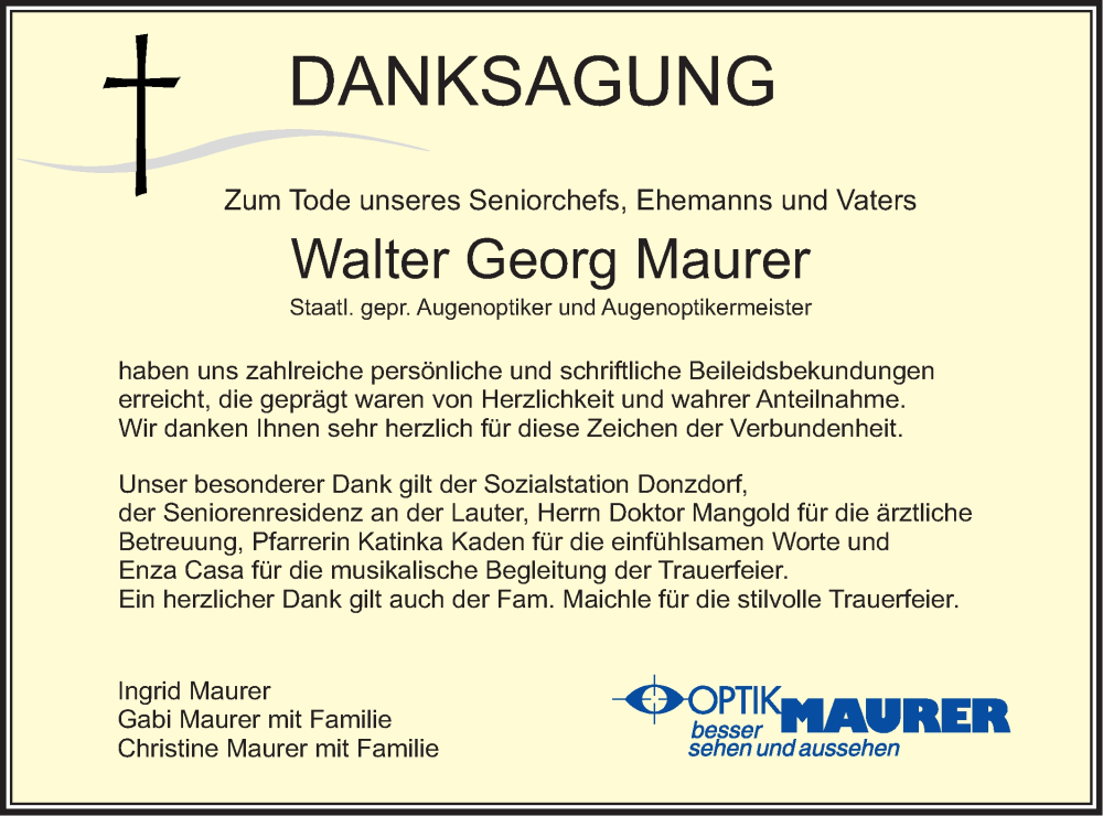  Traueranzeige für Walter Georg Maurer vom 01.04.2023 aus NWZ Neue Württembergische Zeitung/Geislinger Zeitung