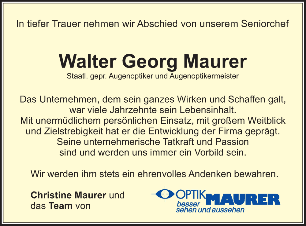  Traueranzeige für Walter Georg Maurer vom 16.03.2023 aus NWZ Neue Württembergische Zeitung/Geislinger Zeitung