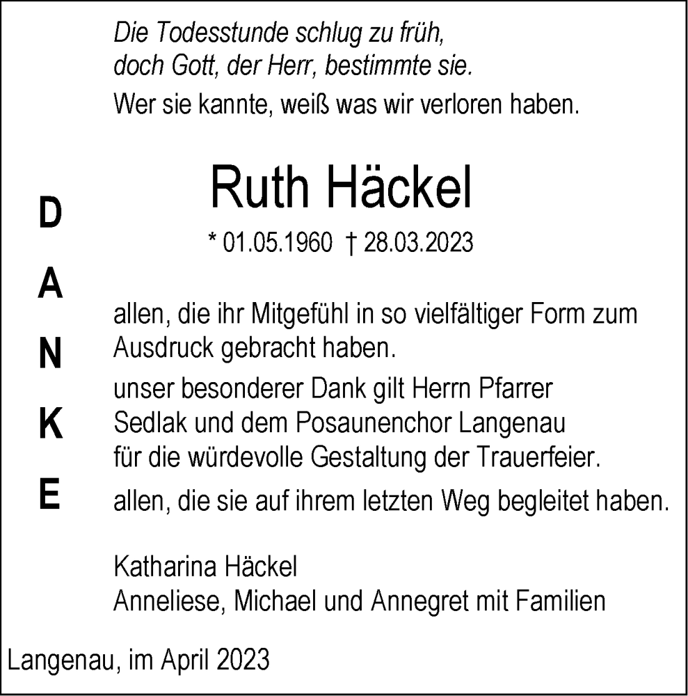  Traueranzeige für Ruth Häckel vom 22.04.2023 aus SÜDWEST PRESSE Ausgabe Ulm/Neu-Ulm