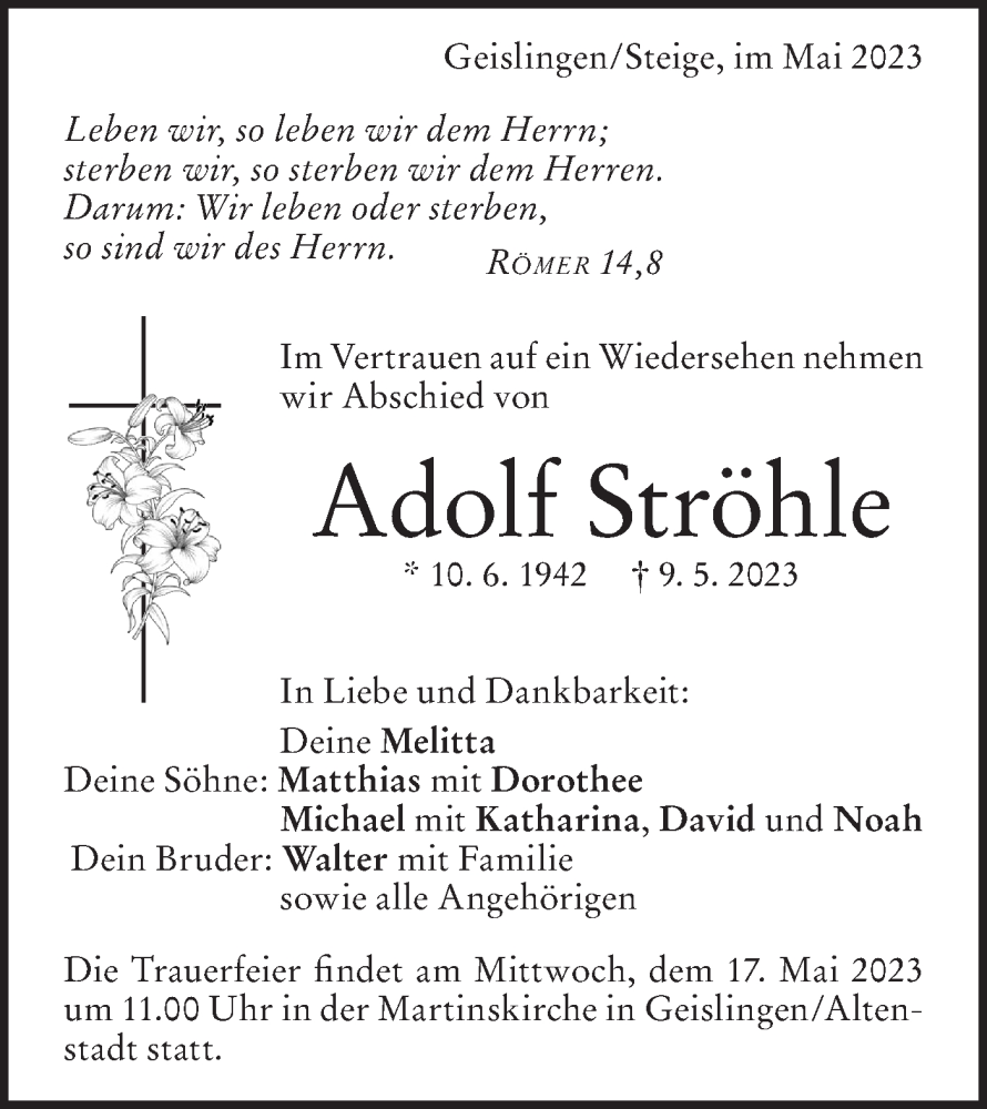  Traueranzeige für Adolf Ströhle vom 12.05.2023 aus Geislinger Zeitung