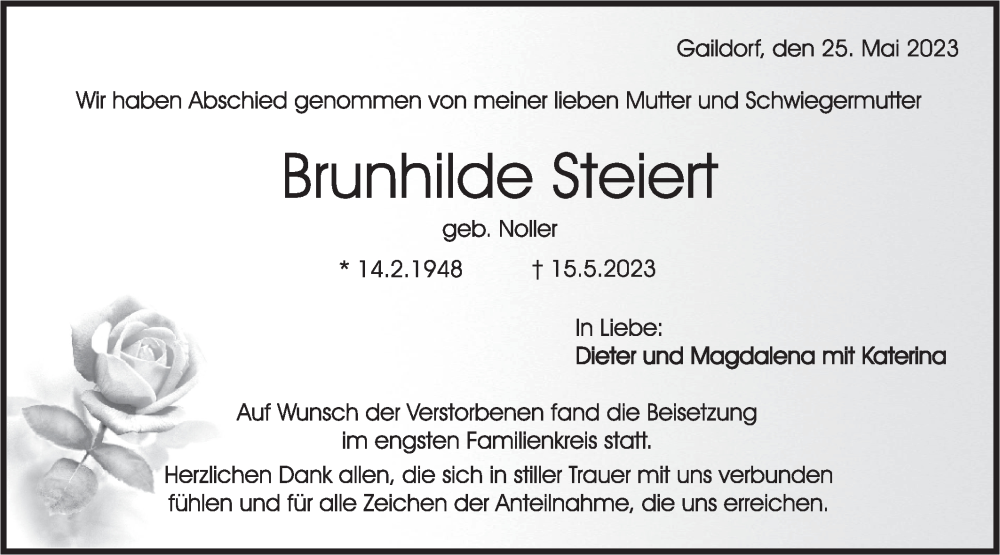  Traueranzeige für Brunhilde Steiert vom 26.05.2023 aus SÜDWEST PRESSE