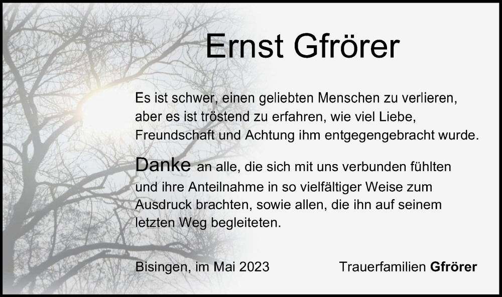  Traueranzeige für Ernst Gfrörer vom 06.05.2023 aus Metzinger-Uracher Volksblatt