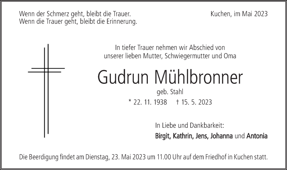  Traueranzeige für Gudrun Mühlbronner vom 17.05.2023 aus Geislinger Zeitung