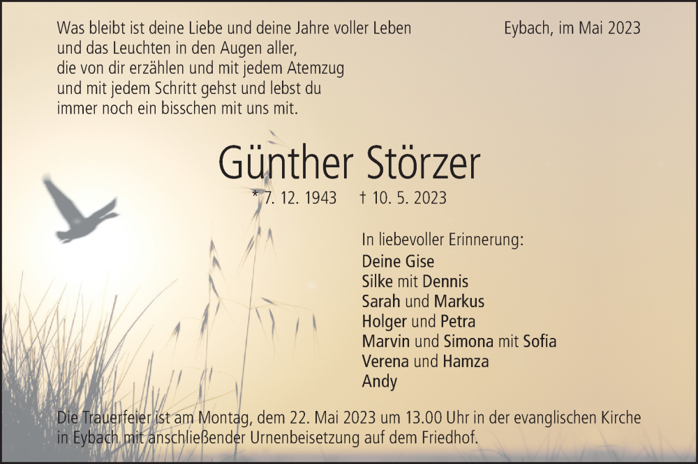  Traueranzeige für Günther Störzer vom 17.05.2023 aus Geislinger Zeitung