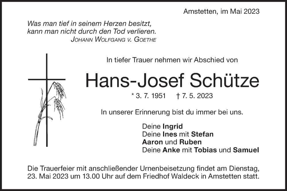  Traueranzeige für Hans-Josef Schütze vom 20.05.2023 aus Geislinger Zeitung