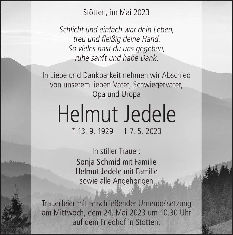  Traueranzeige für Helmut Jedele vom 20.05.2023 aus Geislinger Zeitung