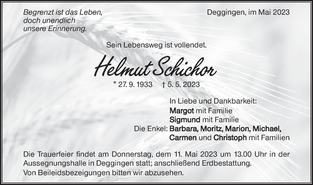  Traueranzeige für Helmut Schichor vom 09.05.2023 aus Geislinger Zeitung