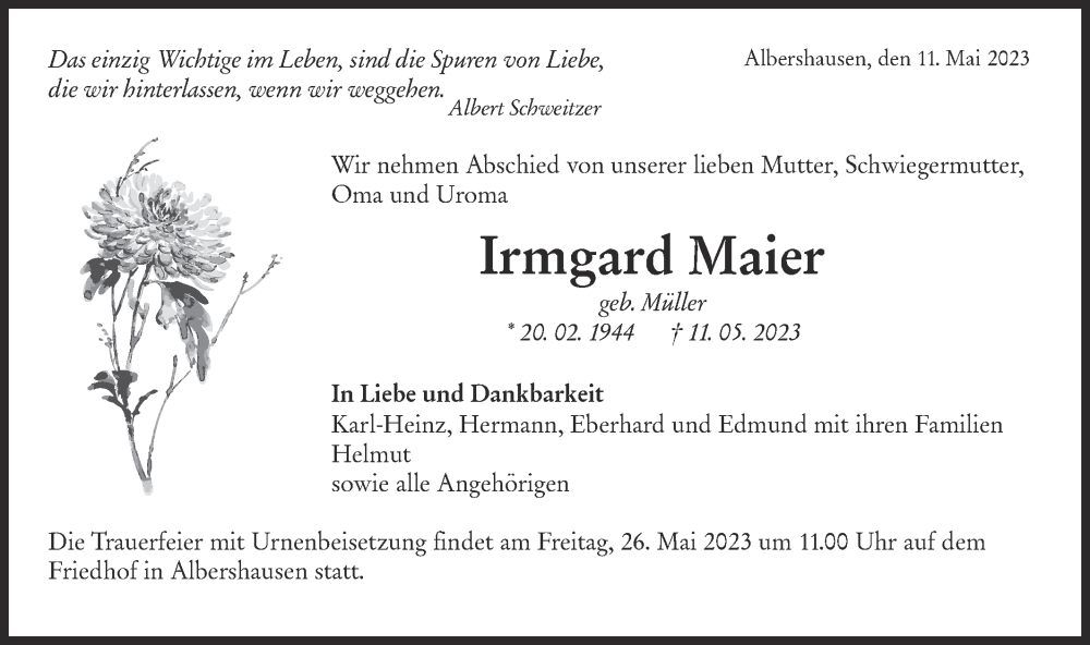  Traueranzeige für Irmgard Maier vom 20.05.2023 aus NWZ Neue Württembergische Zeitung/Geislinger Zeitung