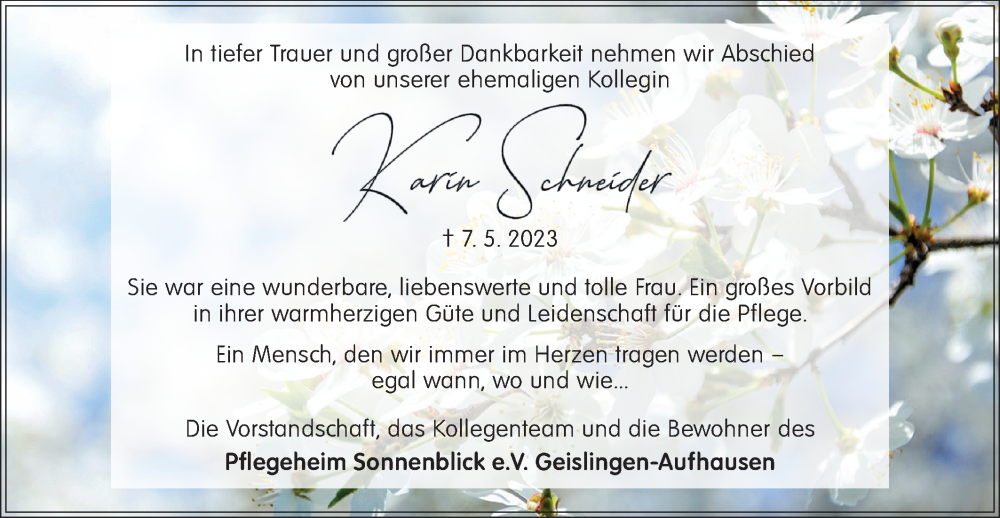  Traueranzeige für Karin Schneider vom 13.05.2023 aus Geislinger Zeitung