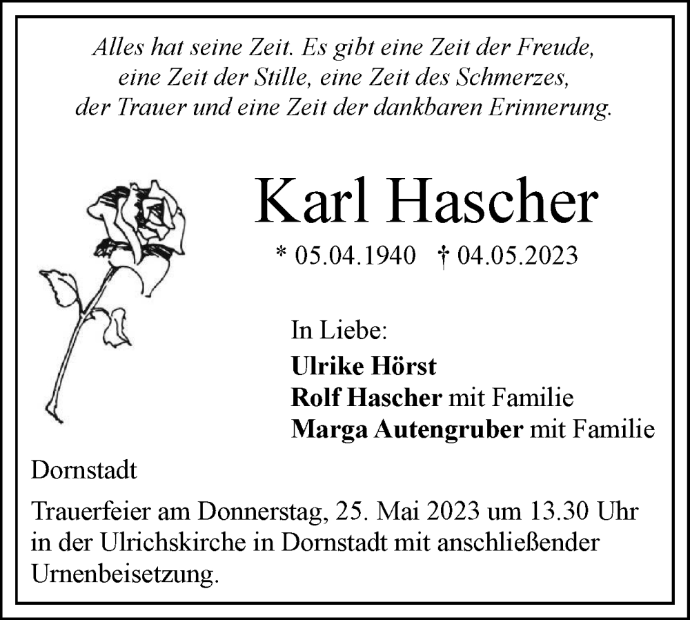  Traueranzeige für Karl Hascher vom 17.05.2023 aus Geislinger Zeitung