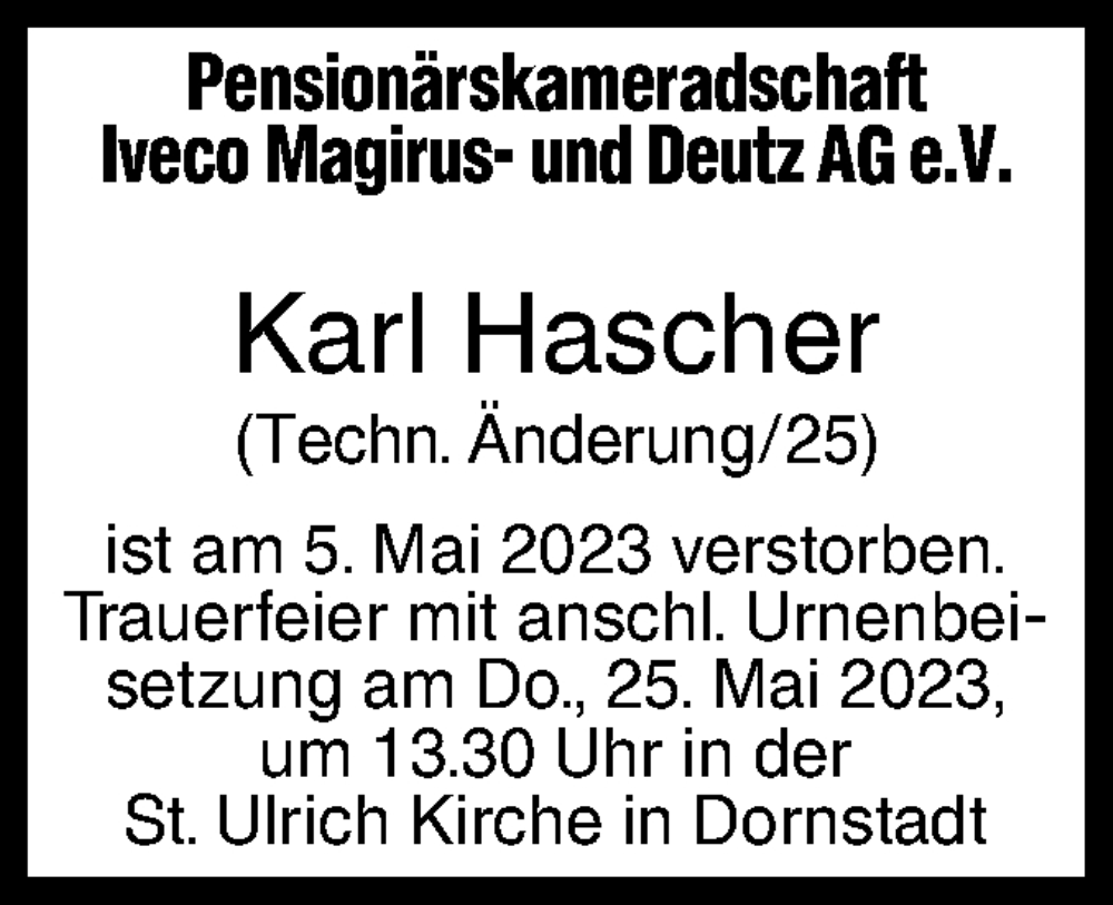  Traueranzeige für Karl Hascher vom 22.05.2023 aus SÜDWEST PRESSE