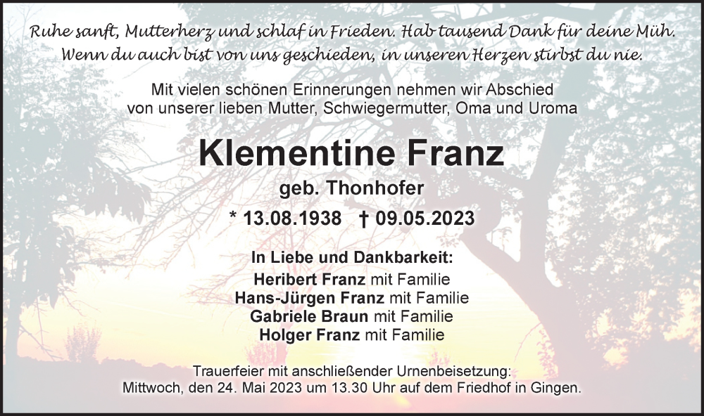  Traueranzeige für Klementine Franz vom 13.05.2023 aus Geislinger Zeitung