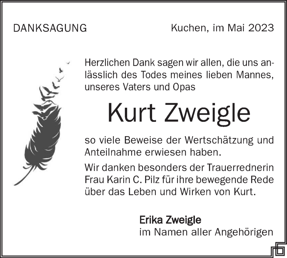  Traueranzeige für Kurt Zweigle vom 25.05.2023 aus SÜDWEST PRESSE