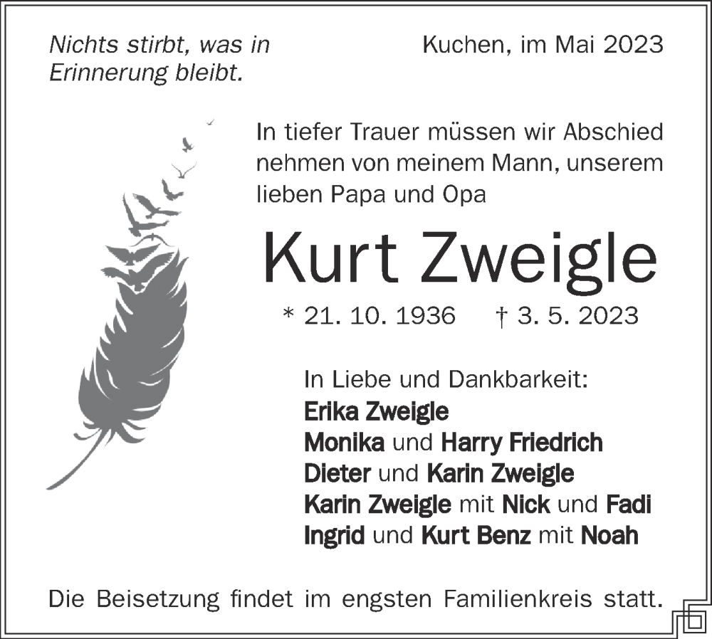  Traueranzeige für Kurt Zweigle vom 12.05.2023 aus Geislinger Zeitung