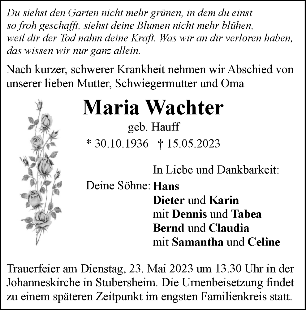  Traueranzeige für Maria Wachter vom 20.05.2023 aus Geislinger Zeitung
