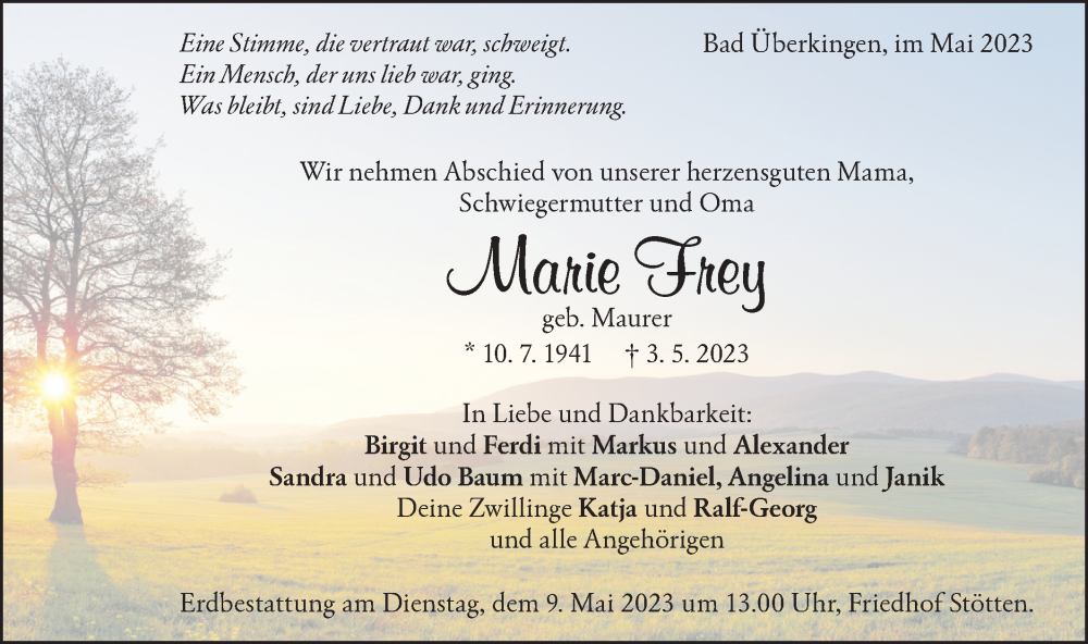  Traueranzeige für Marie Frey vom 06.05.2023 aus Geislinger Zeitung