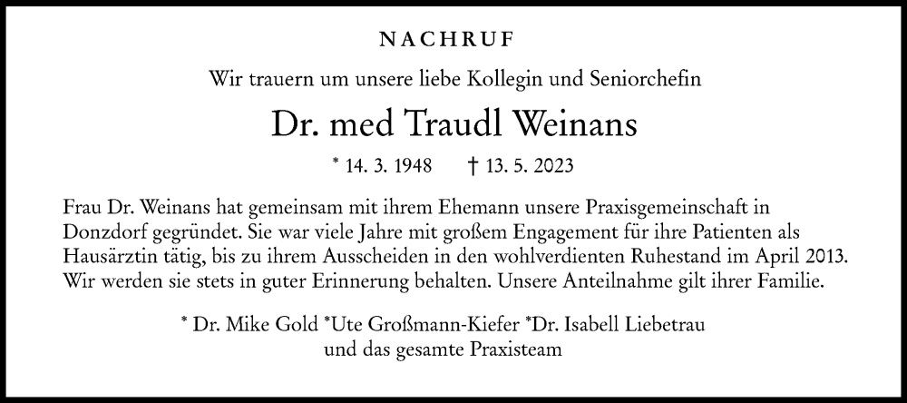  Traueranzeige für Traudl Weinans vom 20.05.2023 aus NWZ Neue Württembergische Zeitung