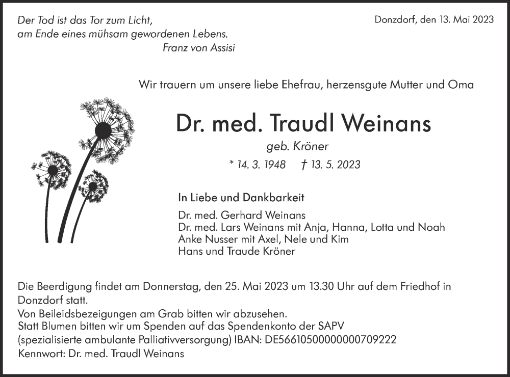  Traueranzeige für Traudl Weinans vom 20.05.2023 aus NWZ Neue Württembergische Zeitung/Geislinger Zeitung