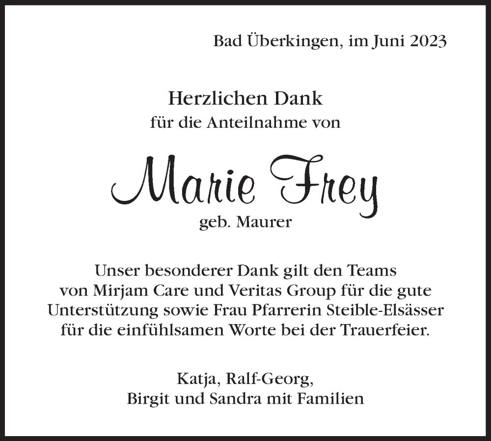  Traueranzeige für Marie Frey vom 10.06.2023 aus Geislinger Zeitung
