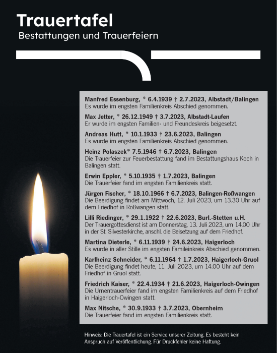 Traueranzeige von Bestattungen vom 11.07.2023 von Hohenzollerische Zeitung