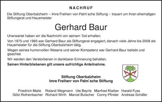 Traueranzeige von Gerhard Baur von SÜDWEST PRESSE Ausgabe Ulm/Neu-Ulm