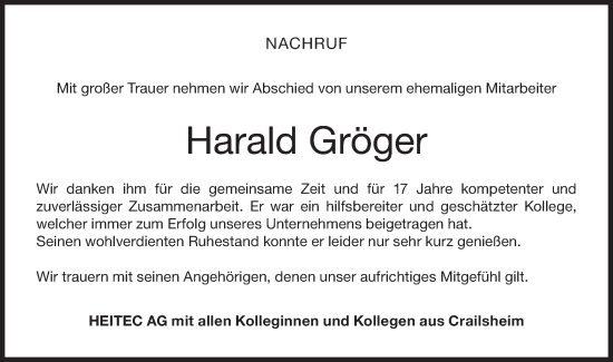 Traueranzeige von Harald Gröger von Hohenloher Tagblatt