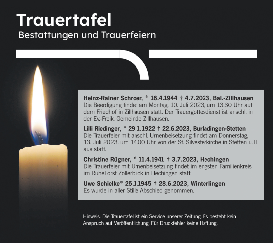 Traueranzeige von Totentafel vom 08.07.2023 von Metzinger-Uracher Volksblatt