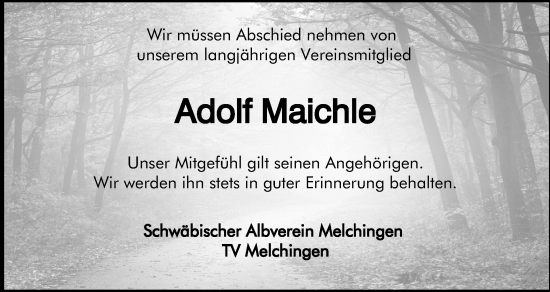 Traueranzeige von Adolf Maichle von Hohenzollerische Zeitung