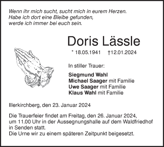 Traueranzeige von Doris Lässle von SÜDWEST PRESSE Ausgabe Ulm/Neu-Ulm