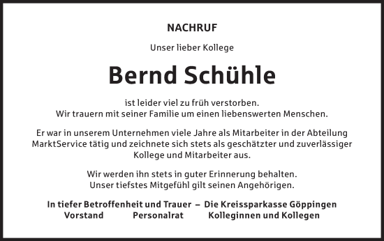 Traueranzeige von Bernd Schühle von NWZ Neue Württembergische Zeitung/Geislinger Zeitung