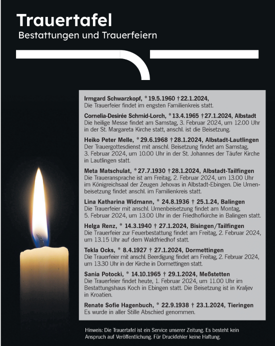 Traueranzeige von Bestattungen vom 01.02.2024 von Hohenzollerische Zeitung