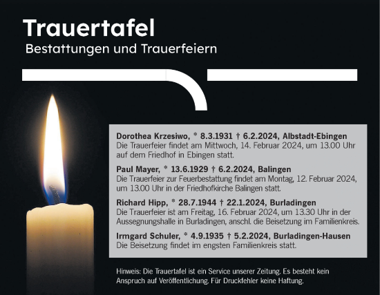Traueranzeige von Bestattungen vom 10.02.2024 von Hohenzollerische Zeitung
