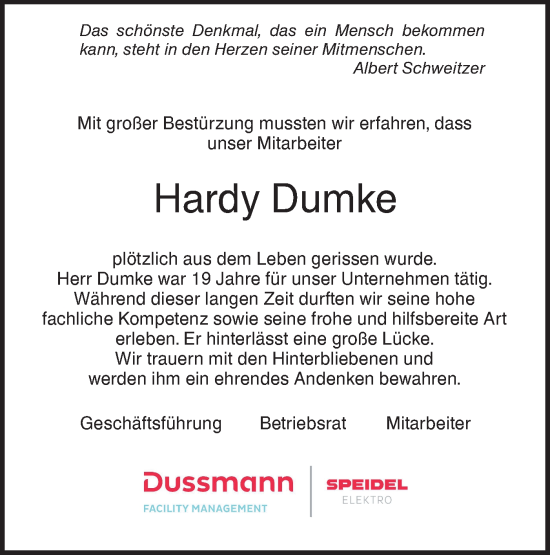 Traueranzeige von Hardy Dumke von NWZ Neue Württembergische Zeitung