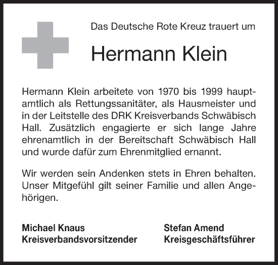 Traueranzeige von Hermann Klein von Haller Tagblatt