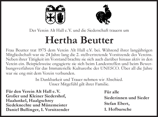 Traueranzeige von Herta Beutter von Haller Tagblatt