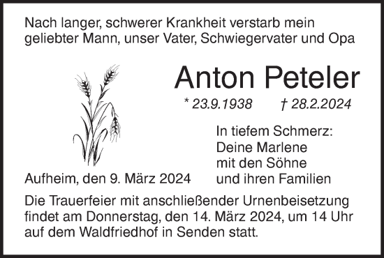 Traueranzeige von Anton Peteler von SÜDWEST PRESSE Ausgabe Ulm/Neu-Ulm
