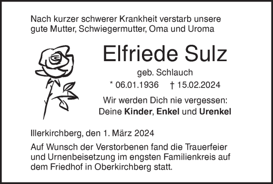 Traueranzeige von Elfriede Sulz von SÜDWEST PRESSE Ausgabe Ulm/Neu-Ulm